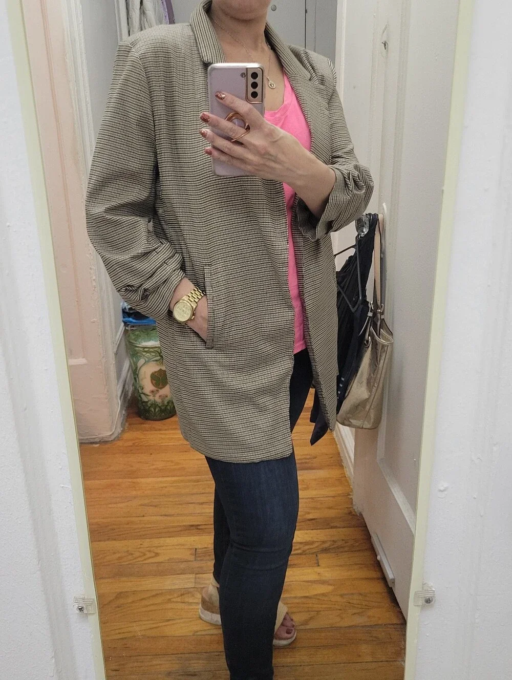 Rachel Zoe Tan Houndstooth Trench Blazer EUC Office Career‎ Preppy